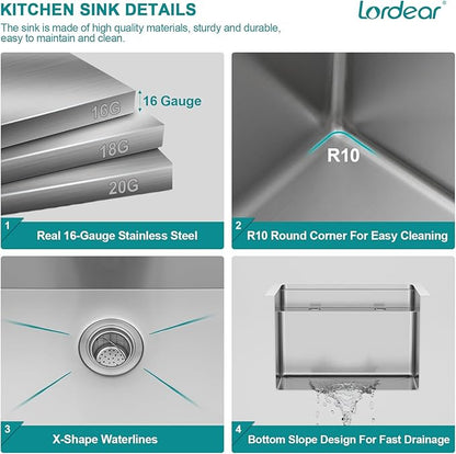 Lordear 15x17 Indoor Outdoor Kitchen Sink with Foldable Faucet Samll Bar Prep 16 Gauge T304 Stainless Steel Single Bowl Basin for Island Camper Wet Bar Prep Mobile Home