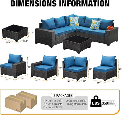 JOYURE 6 Pieces Patio Furniture Set All-Weather Outdoor Wicker Sectional Conversation Sofa Rattan Patio Seating Sofa with Cushion and Glass Table for Porch Poolside,Peacock Blue