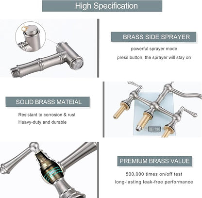 WOWOW 8 inch Centerset Bridge Kitchen Faucet with Brass Side Sprayer 2 Handles 4 Holes Antique Classic Heritage Deck-Mount Kitchen Sink Faucet, Brushed Nickel