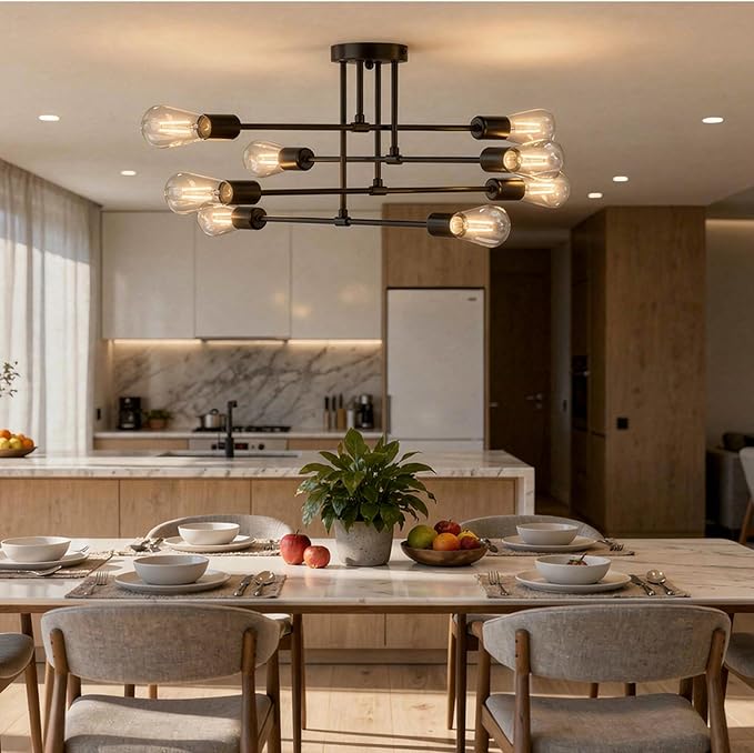 Modern Sputnik Chandelier Ceiling Light Fixtures, 8-Lights Mid Century Industrial Metal Semi Flush Mount for Dining Room, Bedroom, Living Room-Black