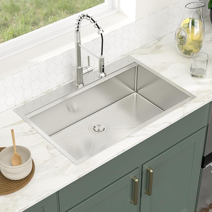 Logmey 33x22 Drop in Kitchen Sink All in One Workstation 16 Gauge SUS304 Stainless Steel Single Bowl 9-3/4" Deep Handmade Sink,Ideal for Home Cooking,Cleaning & Daily Kitchen Use,Noise Reduction