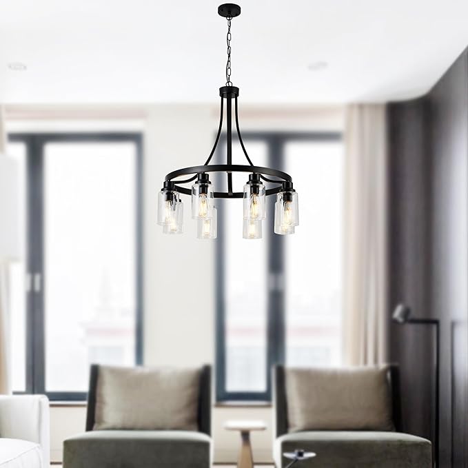 8 Light Chandeliers for Dining Room Linear Kitchen Island Lighting with Rectangular Clear Glass Shades, Modern Pendant Light Fixture Black for Kitchen Dining Room Living Room