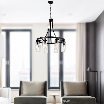 8 Light Chandeliers for Dining Room Linear Kitchen Island Lighting with Rectangular Clear Glass Shades, Modern Pendant Light Fixture Black for Kitchen Dining Room Living Room