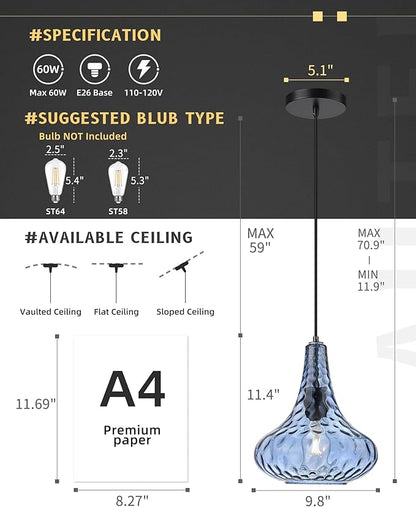 AUTELO Blue Pendant Lights Kitchen Island, 10" Hammered Glass Pendant Lights, Modern Pendant Light Fixtures in Matte Black Finish, Hanging Lamp for Dining Room, Kitchen Sink, H9164 BU