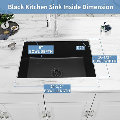 Black Kitchen Sink, Matte Black Granite Composite Kitchen Sink, 27 Inch Undermount Quartz Stone Kitchen Sinks, 27" x 18" x 9" Single Bowl Kitchen Sinks With Accessories