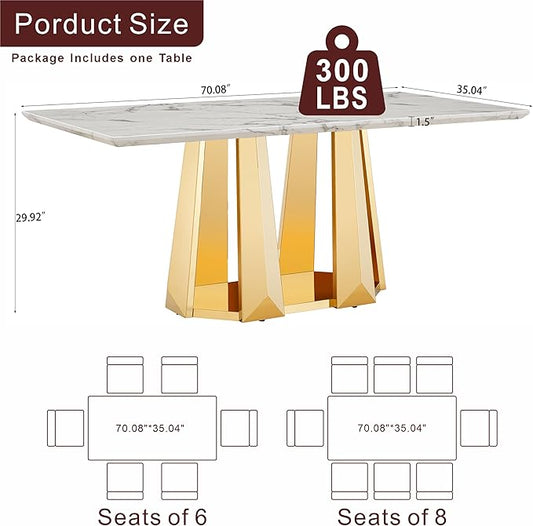 70" Marble Dining Table for 6-8, Modern Luxury Gold Rectangular Large Kitchen Table, Marble Grain MDF Tabletop & Stainless Steel Base, Dinner Furniture for Kitchen Dining Room, Meeting Room, White
