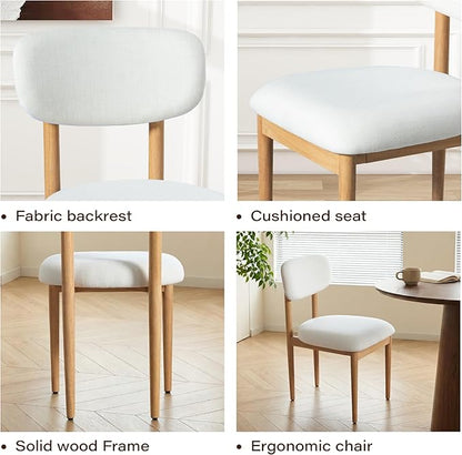 Casaphoria Upholstered Dining Chairs Set of 2, Mid-Century Modern Kitchen Chairs with Solid Wood Legs & Thick Cushion, Ergonomic Fabric Accent Chairs for Dining Room, Vanity & Office, White