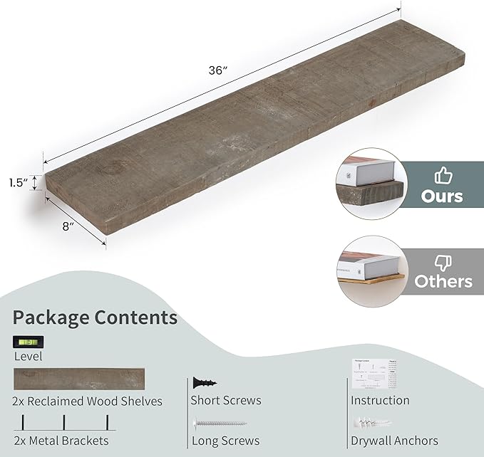 FLYJOE Floating Shelves | 8" Deep Rustic Reclaimed Barnwood Wall Hanging Shelves with Invisible Heavy-Duty Metal Bracket | Wall Mounted | Farmhouse Style | 36 inches, 2 PCs, Distressed Grey