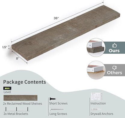 FLYJOE Floating Shelves | 8" Deep Rustic Reclaimed Barnwood Wall Hanging Shelves with Invisible Heavy-Duty Metal Bracket | Wall Mounted | Farmhouse Style | 36 inches, 2 PCs, Distressed Grey