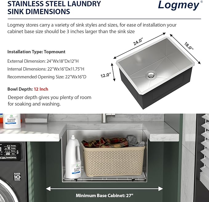 Logmey 24x18 Undermount Laundry Sink 24 Inch Laundry Room 12" Deep Sinks Handmade 16 Gauge Heavy Duty Stainless Steel Large Capacity Utility Washing Tub for Home & Commercial Use