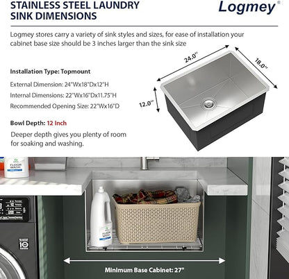 Logmey 24x18 Undermount Laundry Sink 24 Inch Laundry Room 12" Deep Sinks Handmade 16 Gauge Heavy Duty Stainless Steel Large Capacity Utility Washing Tub for Home & Commercial Use
