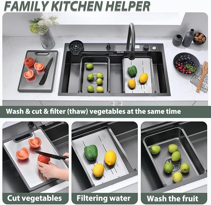 Black Kitchen Sink, 15 Inch Nano Stainless Steel Waterfall, Countertop Workstation Single Sink Set & Accessories, for Countertop, Kitchen, Bar (BLACK, 15 x 15 IN)