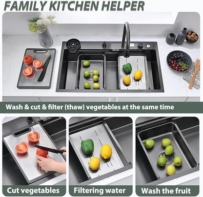 Black Kitchen Sink, 15 Inch Nano Stainless Steel Waterfall, Countertop Workstation Single Sink Set & Accessories, for Countertop, Kitchen, Bar (BLACK, 15 x 15 IN)