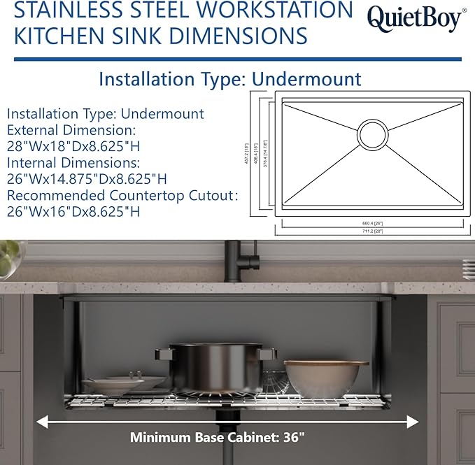 28" Black Stainless Steel Workstation Kitchen Sink, Large Single Bowl Drop-In Undermount Farmhouse Sink (Black, 2818)