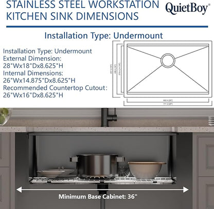 28" Black Stainless Steel Workstation Kitchen Sink, Large Single Bowl Drop-In Undermount Farmhouse Sink (Black, 2818)