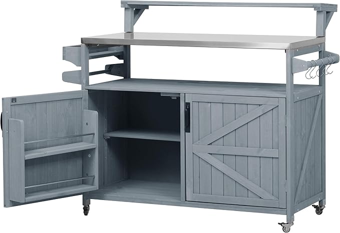 YOPTO 53.3" Outdoor Kitchen Island with Raised Shelf,Solid Wood Grill Cart,Stainless Steel Top,Adjustable Shelf,Spice Rack,Lockable Wheels,Grey Blue