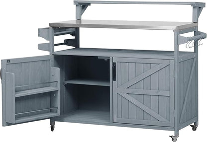 YOPTO 53.3" Outdoor Kitchen Island with Raised Shelf,Solid Wood Grill Cart,Stainless Steel Top,Adjustable Shelf,Spice Rack,Lockable Wheels,Grey Blue