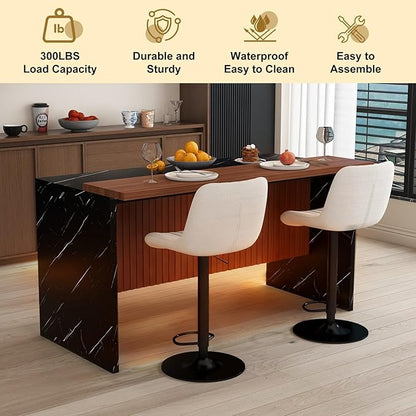 Donext 63 Inch Marble Kitchen Island Dining Sets with LED Lights, Mobile Kitchen Cart Breakfast Bar,2 Modern Bar Stools, MDF Countertop Table with Storage (Black+Beige)