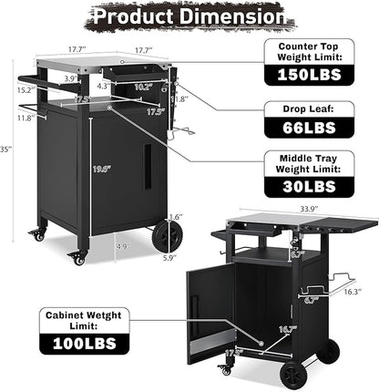 JIJIWANG 33.9" Outdoor Kitchen Island with Stainless Steel Top and Drop Leaf, Rolling Kitchen Cart on Wheels with Storage Cabinet and Spice & Paper Rack for BBQ Waterp, Black