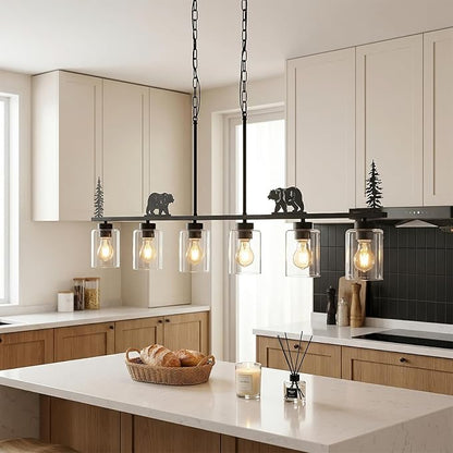 Dining Room Light Fixture/Chandelier Over Table,6-Light Kitchen Island Lighting Hanging for Farmhouse Linear Chandeliers Black Rustic Ceiling Pendant Light Fixtures with Clear Glass Shade