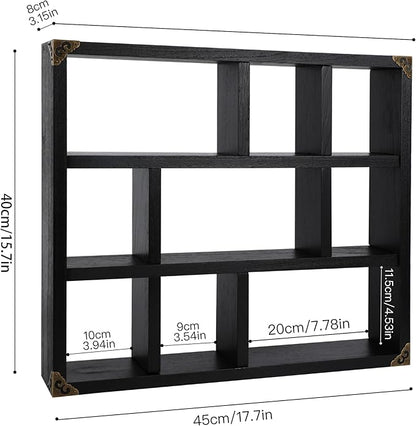 17.7x15.7-Inch Shadow Box Shelf 9-Slot Rustic Floating Shelves Larger Wall Mounted Shelf Lightweight Solid Wood Display Freestanding Farmhouse Shelf (Set of 2,9C-Classic Black)