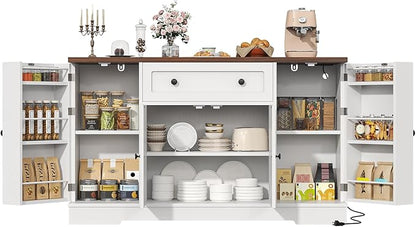 Bigbiglife Sideboard Buffet Cabinet, Modern Kitchen Coffee Bar Cabinet with Drawers & Charging Station, Storage Cabinet with Barn Doors, Wine Rack and Hooks, Wood Sideboard Buffet for Kitchen, White