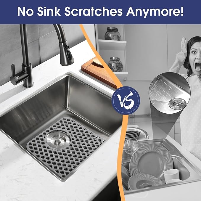 Snuggery 2PCS Silicone Sink Protector 12"x14" Rear Drain Hole, Heat Resistant Non-slip Dishwasher Suitable, Large Mat for Bottom of Farmhouse Kitchen Stainless Steel Sink