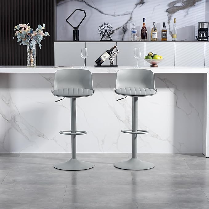 Bar Stools Set of 2 PU Leather Counter Height Bar stools with Back, Height Adjustable Swivel Kitchen Island Chairs, Armless, Large Base Gray AA433
