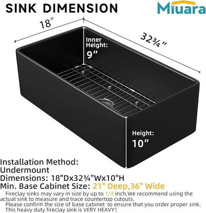 Miuara Black Farmhouse Sink 33 Inch - Large Apron Front Kitchen Sink Single Bowl 33"x18"x10", Undermount Installation, Farm House Style, Heavy Duty Solid Fireclay, Matte Black, for Kitchen