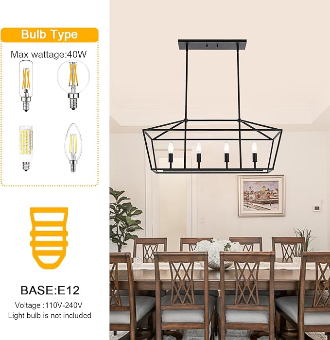 BONLICHT 4 Light Kitchen Island Linear Pendant Lighting Industrial Large Black Farmhouse Chandelier Modern Rectangle Dining Room Light Fixtures Hanging Ceiling Over Table,E12 Base