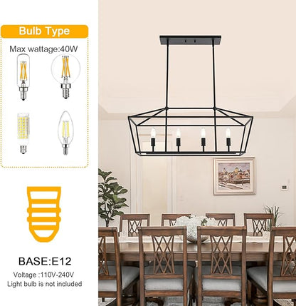 BONLICHT 4 Light Kitchen Island Linear Pendant Lighting Industrial Large Black Farmhouse Chandelier Modern Rectangle Dining Room Light Fixtures Hanging Ceiling Over Table,E12 Base