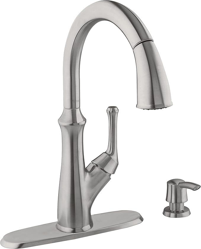Pfister Tamera Kitchen Faucet with Pull Down Sprayer and Soap Dispenser, Single Handle, High Arc, Stainless Steel Finish, F5297TAS