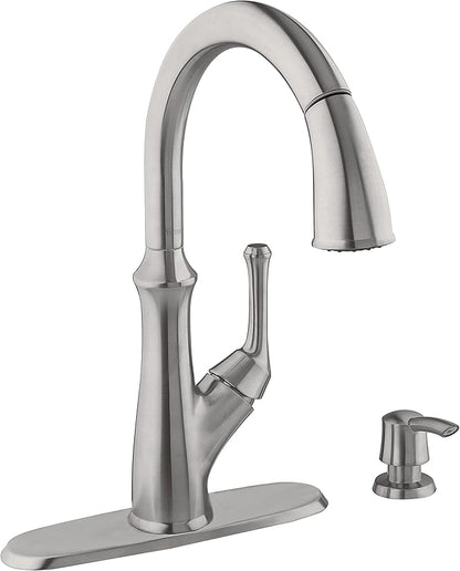 Pfister Tamera Kitchen Faucet with Pull Down Sprayer and Soap Dispenser, Single Handle, High Arc, Stainless Steel Finish, F5297TAS
