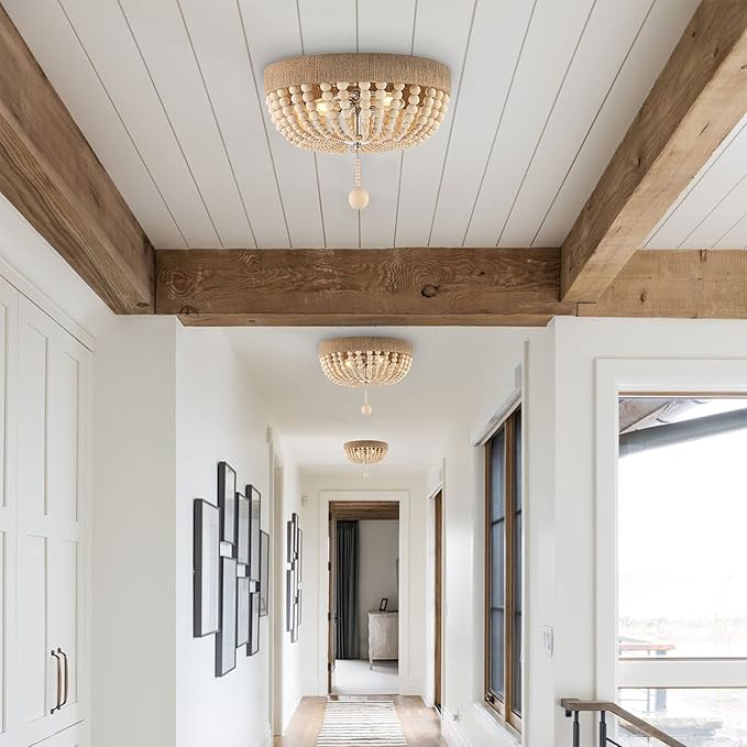 JONATHAN Y 14" Light Taupe and Polished Nickel 2-Light Wood Bead Iron Flush Mount, Farmhouse Bohemian Ceiling Light for Bedroom Hallway, UL Listed, LED Bulbs Included JYL1307A