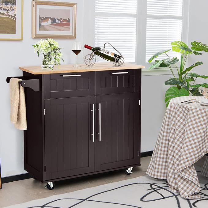 COSTWAY Kitchen Island on Wheels, Kitchen Cart with Side Towel Bar, 2 Drawers, 2 Door Cabinet, Rolling Storage Trolley Cart with Rubber Wood Top & Lockable Casters (Brown)