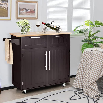 COSTWAY Kitchen Island on Wheels, Kitchen Cart with Side Towel Bar, 2 Drawers, 2 Door Cabinet, Rolling Storage Trolley Cart with Rubber Wood Top & Lockable Casters (Brown)