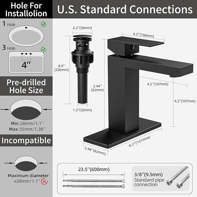 Matte Black Bathroom Faucet Single Hole, 304 Stainless Steel Lead-Free Faucet with Anti-Fingerprint Surface, Single Handle Vanity Faucet with Deck Plate and Pop-Up Drain