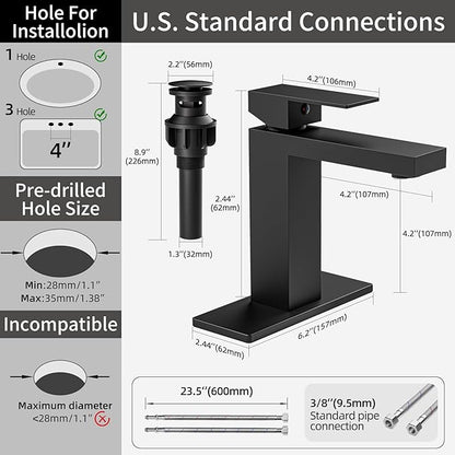Matte Black Bathroom Faucet Single Hole, 304 Stainless Steel Lead-Free Faucet with Anti-Fingerprint Surface, Single Handle Vanity Faucet with Deck Plate and Pop-Up Drain