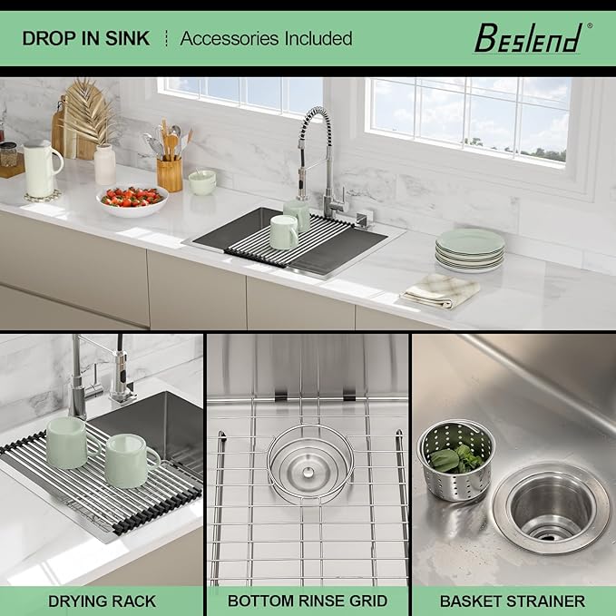 25 Drop In Kitchen Sink -Beslend 25x22 Inch Stainless Steel Kitchen Sinks 16 Guage Single Bowl Handmade Sinks Topmount Bar Sink Basin
