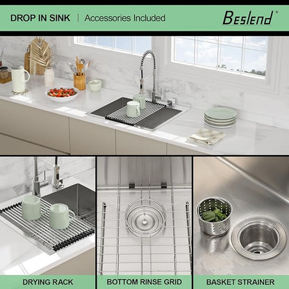 25 Drop In Kitchen Sink -Beslend 25x22 Inch Stainless Steel Kitchen Sinks 16 Guage Single Bowl Handmade Sinks Topmount Bar Sink Basin