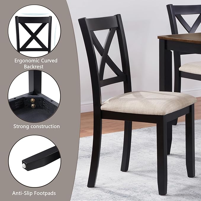 6 Piece Wooden Dining Table Set with Bench, Classic Farmhouse Dining Table Set for 6, Timeless Black and Oak Two Tone Dining Room Set for Kitchen and Dining Room