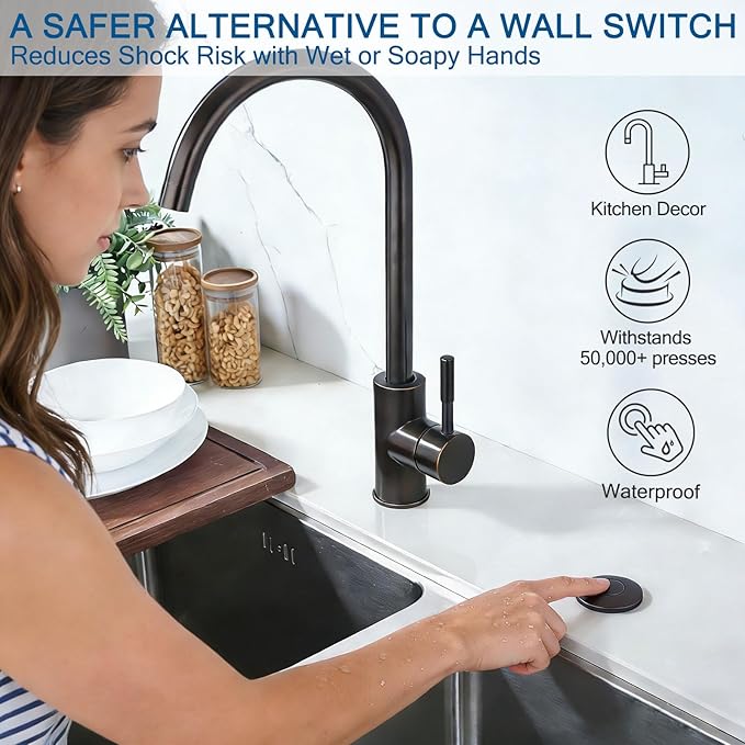BESTILL Garbage Disposal Air Switch Kit - All Metal, UL Listed Long Push Button for Waste Disposer, Single Outlet Sink Top Solid Brass Air On/Off Button, Oil Rubbed Bronze