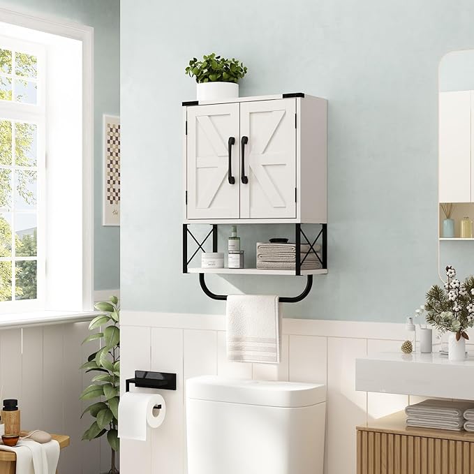 RUSTOWN Farmhouse Rustic Medicine Cabinet with Two Barn Door,Wood Wall Mounted Storage Cabinet with Adjustable Shelf and Towel Bar, 3-Tier Cabinet for Bathroom, Living Room(Vintage White)