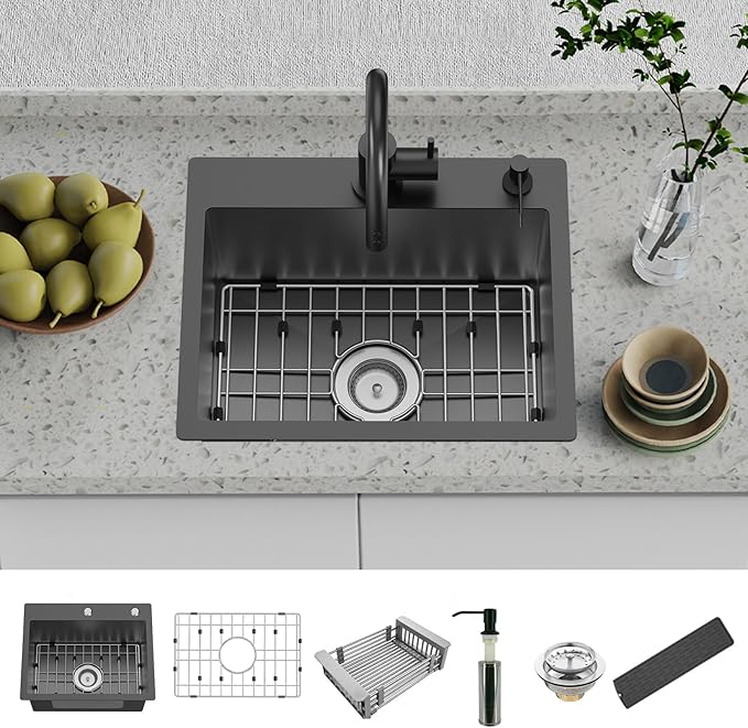 Black Kitchen And Bar Sink, 20x16 Inch Stainless Steel Drop In Kitchen Sink Modern Single Bowl Topmount Bar Sink Combo-SS Grid,Silicon Mat,Drain Strainer Set Compatibility With Various Kitchen & Bar