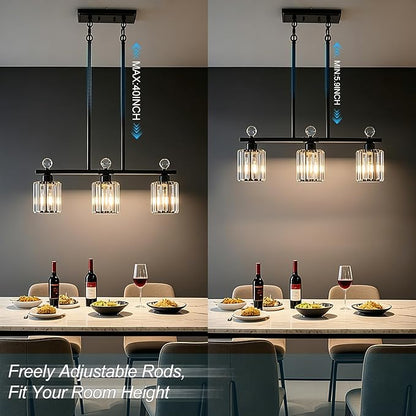 Modern Dining Room Light Fixture Over Table, Crystal Pendant Lights Kitchen Island, Chandeliers for Dining Room Kitchen Light Fixtures (E26) 3-Light Black