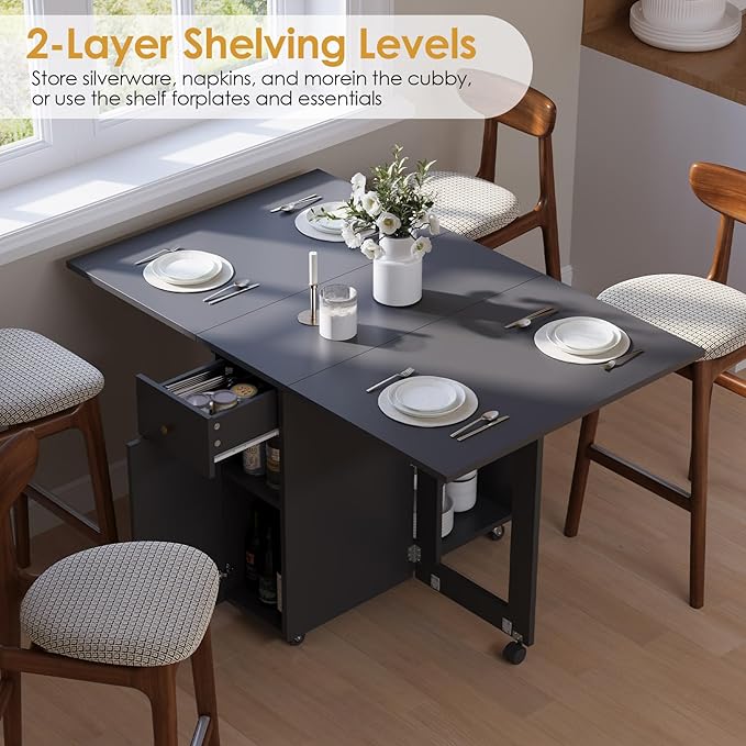 LotFun Folding Dining Table, Space Saving Table with 6 Wheels, Movable Kitchen Dining Table for Small Spaces, Drawer and 2-Tier Storage Racks