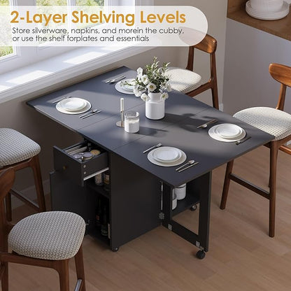 LotFun Folding Dining Table, Space Saving Table with 6 Wheels, Movable Kitchen Dining Table for Small Spaces, Drawer and 2-Tier Storage Racks