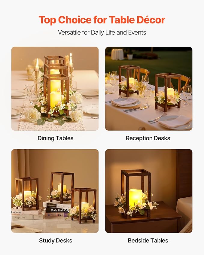 VEVOR 10 Set/30 Pcs Wooden Wedding Lantern Centerpiece, Includes 10 Wooden Lantern Candle Holder 10 Flameless LED Candle 10 Champagne Flower Wreath for Wedding Table Party Farmhouse Decor, Brown