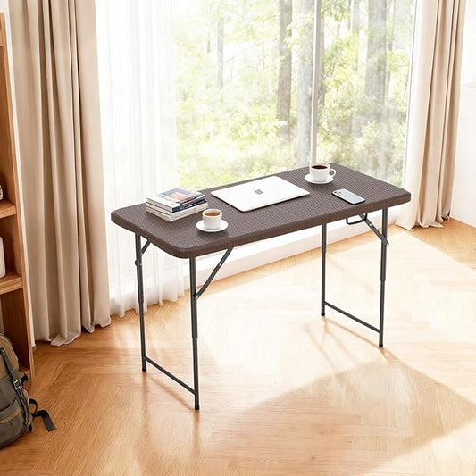 FDW 4FT Folding Table Half Portable Foldable Table Picnic Table for Office Home Camping Party (Brown Ratten)
