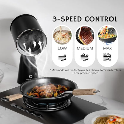 AIRTHEREAL Portable Range Hood with Rechargeable Battery, 3-Speed Suction Desktop Exhaust Fan, Tabletop Smoke Extractor for Indoor BBQ, Hibachi, RV, Apartment, and Dorm, RH180B Black